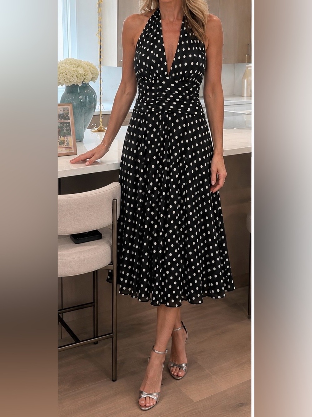Black and White Polka Dot Halter Midi Dress size S/M